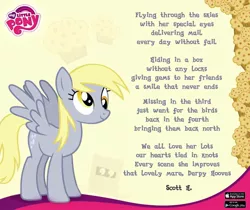 Size: 940x788 | Tagged: safe, derpibooru import, official, derpy hooves, pegasus, pony, box, facebook, female, gameloft, logo, mare, muffin, my little pony logo, poem, pony in a box, smiling, solo, spread wings, text