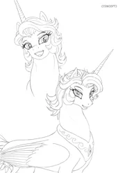 Size: 966x1400 | Tagged: alternate hairstyle, artist:leovictor, derpibooru import, lineart, looking at you, monochrome, open mouth, portrait, princess celestia, safe, short hair, smiling, solo