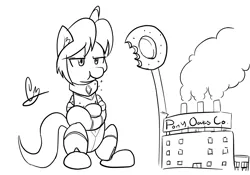 Size: 1700x1189 | Tagged: safe, artist:mrrowboat, derpibooru import, oc, oc:ultramare, unofficial characters only, pony, bodysuit, eating, factory, giant pony, macro, monochrome, oats, sitting, solo