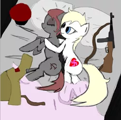 Size: 627x623 | Tagged: artist:anonymous, communism, cuddling, derpibooru import, female, gun, lesbian, love, nazi, oc, oc:aryanne, oc:veronika, ppsh-41, safe, shipping, snuggling, soviet, soviet russia, submachinegun, swastika, unofficial characters only, weapon