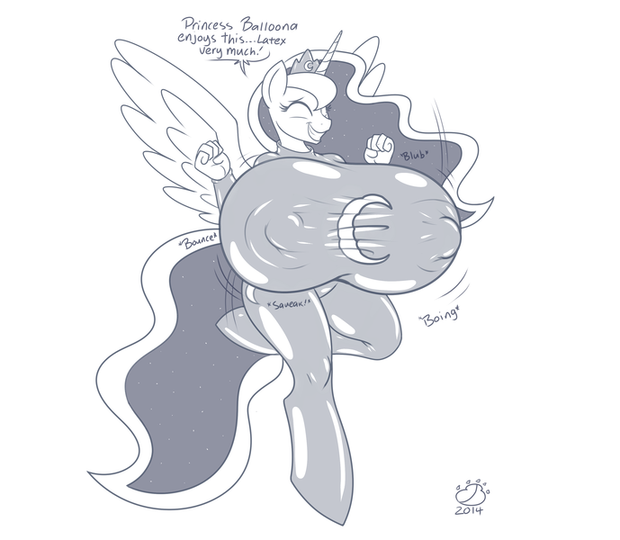 Size: 3353x2921 | Tagged: alicorn, anthro, artist:badgerben, big breasts, breast expansion, breasts, busty princess luna, catsuit, clothes, derpibooru import, eyes closed, female, huge breasts, hyper, impossibly large breasts, latex, latex suit, monochrome, princess luna, questionable, smiling, solo, solo female, unguligrade anthro