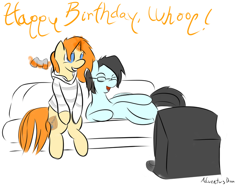 Size: 3931x3078 | Tagged: artist:adventusdawn, birthday, derpibooru import, lightheart, oc, oc:gray dawn, oc:whoop, relaxing, safe, unofficial characters only, video game