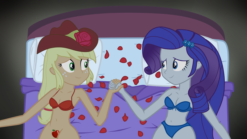 Size: 1920x1080 | Tagged: suggestive, artist:dirty mike, derpibooru import, edit, applejack, rarity, equestria girls, apple, bed, belly button, bottomless, bra, breasts, cleavage, clothes, female, lesbian, obligatory apple, panties, partial nudity edit, petals, rarijack, shipping, show accurate, strategically covered, underwear, underwear edit