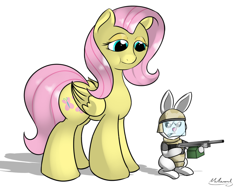 Size: 2500x2000 | Tagged: angel bunny, artist:malamol, derpibooru import, fluttershy, gun, safe