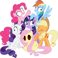 Size: 4918x4873 | Tagged: absurd resolution, applejack, artist:illumnious, derp, derpibooru import, eyes closed, faic, fluttershy, frown, grin, insanity, mane six, mane six opening poses, pinkie pie, prone, rainbow dash, raised hoof, rarity, red eyes, semi-grimdark, sitting, smiling, spread wings, :t, twilight sparkle, wide eyes