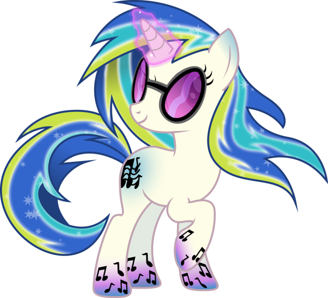 Size: 6500x5907 | Tagged: safe, artist:theshadowstone, derpibooru import, vinyl scratch, pony, saiyan, unicorn, absurd resolution, cutie mark, dragon ball z, female, glowing horn, hooves, horn, image, magic, mare, png, rainbow power, rainbow power-ified, simple background, smiling, solo, sunglasses, super saiyan, transparent background, vector