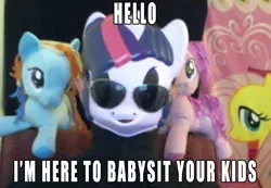 Size: 872x603 | Tagged: derpibooru import, funrise, human, irl, irl human, male, mask, photo, plushie, safe, solo, sunglasses, text, twilight sparkle