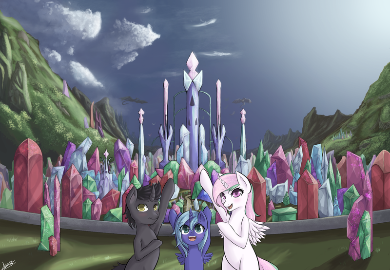 Size: 2600x1800 | Tagged: safe, artist:novaquinmat, derpibooru import, king sombra, princess celestia, princess luna, alicorn, unicorn, colt, crystal, crystal empire, day, fall of an empire, filly, image, png, trio, tumblr