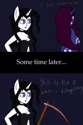 Size: 727x1098 | Tagged: semi-grimdark, artist:thelordofdust, derpibooru import, oc, oc:maneia, oc:nocturna, unofficial characters only, anthro, unicorn, 4th of july, blood, breasts, clothes, dress, holiday, human facial structure, implied murder, obsession is magic, patriotic, scythe, smiling, united states
