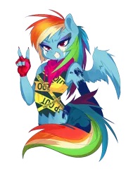 Size: 600x795 | Tagged: anthro, artist:buttermutt, caution tape, clothes, derpibooru import, fashion, fingerless gloves, gloves, nail polish, peace sign, police tape, rainbow dash, safe, solo, tape