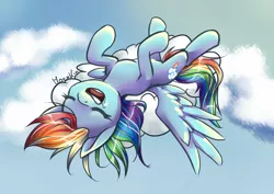 Size: 1024x724 | Tagged: artist:moenkin, cloud, cloudy, derpibooru import, drool, rainbow dash, safe, sleeping, solo