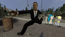 Size: 640x360 | Tagged: 3d, barack obama, derpibooru import, derpy hooves, gmod, human, john freeman, lol, octavia melody, safe, scared, vinyl scratch, wat