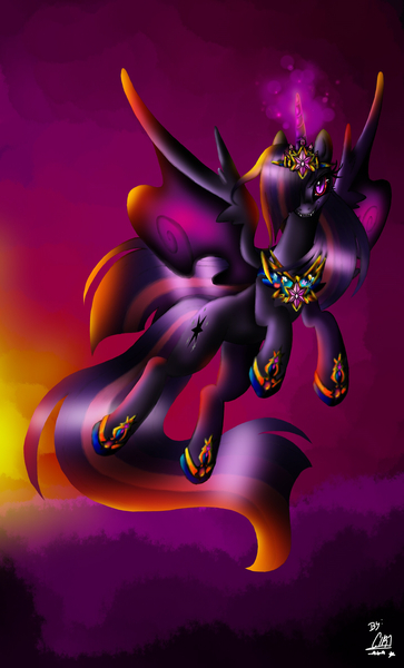 Size: 1434x2368 | Tagged: safe, artist:christallovepkmn, derpibooru import, twilight sparkle, twilight sparkle (alicorn), alicorn, pony, black sclera, corrupted, female, mare, nightmare twilight, slit eyes, solo