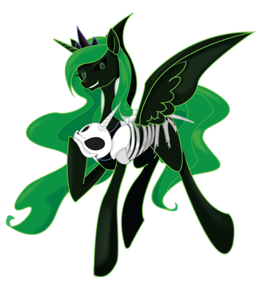 Size: 2467x2668 | Tagged: safe, artist:geekladd, derpibooru import, princess luna, oc, oc:nightseer, unofficial characters only, alicorn, pony, fallout equestria, fanfic, alicorn oc, artificial alicorn, blank flank, fanfic art, female, green alicorn (fo:e), grin, hooves, horn, jewelry, luna's regalia, luna's skeleton, luna's tiara, mare, regalia, simple background, skeleton, skull, smiling, solo, spread wings, tiara, transparent background, wings