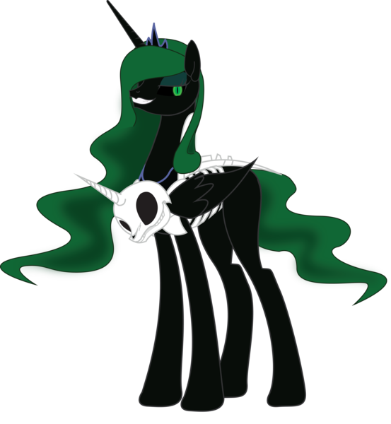 Size: 3884x4216 | Tagged: safe, artist:geekladd, derpibooru import, princess luna, oc, oc:nightseer, unofficial characters only, alicorn, pony, fallout equestria, fanfic, alicorn oc, artificial alicorn, blank flank, bone, fanfic art, female, green alicorn (fo:e), grin, hooves, horn, jewelry, luna's regalia, luna's skeleton, luna's tiara, mare, regalia, simple background, skeleton, skull, smiling, solo, tiara, transparent background, wings