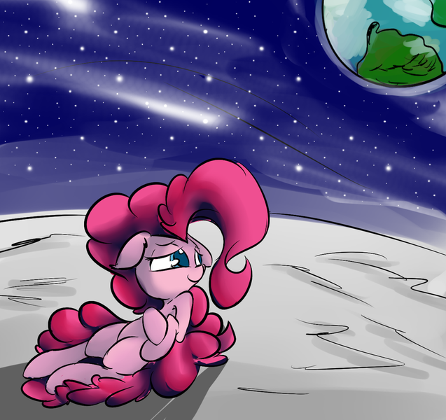 Size: 1024x965 | Tagged: artist:madacon, derpibooru import, floppy ears, human shoulders, looking back, lying, moon, on back, pinkie pie, planet, safe, smiling, solo, space