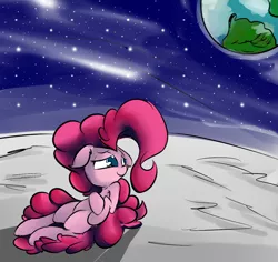Size: 1024x965 | Tagged: artist:madacon, derpibooru import, floppy ears, human shoulders, looking back, lying, moon, on back, pinkie pie, planet, safe, smiling, solo, space