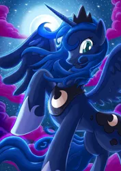 Size: 2480x3508 | Tagged: safe, artist:semajz, derpibooru import, princess luna, alicorn, pony, cloud, colored pupils, cute, female, looking at you, low angle, lunabetes, mare, messy mane, moon, night, raised hoof, s1 luna, sky, smiling, solo, spread wings, stars, windswept mane, wings