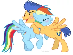 Size: 1364x1032 | Tagged: safe, artist:eeveepikachuchan, derpibooru import, flash sentry, rainbow dash, blushing, cute, dashabetes, diasentres, eyes closed, female, flashdash, grin, hug, male, open mouth, shipping, smiling, spread wings, straight