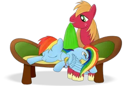 Size: 1000x695 | Tagged: safe, artist:karmadash, derpibooru import, big macintosh, rainbow dash, oc, oc:zapple, oc:zappletta, earth pony, pony, backwards cutie mark, blanket, couch, family, male, mother and daughter, pony with birthmarks, rainbowmac, shipping, sleeping, stallion, straight