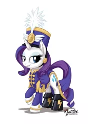 Size: 955x1351 | Tagged: safe, artist:mysticalpha, derpibooru import, rarity, pony, unicorn, testing testing 1-2-3, ancient wonderbolts uniform, boots, clothes, female, hat, looking at you, mare, raised hoof, sgt. rarity, shako, shoes, simple background, smiling, smirk, solo, uniform, white background, wonderbolts uniform