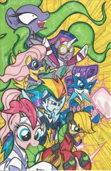 Size: 1024x1582 | Tagged: safe, artist:ponygoddess, derpibooru import, applejack, fili-second, fluttershy, mane-iac, masked matter-horn, mistress marevelous, pinkie pie, radiance, rainbow dash, rarity, saddle rager, twilight sparkle, twilight sparkle (alicorn), zapp, alicorn, pony, power ponies (episode), clothes, costume, female, mane six, mare, power ponies, traditional art