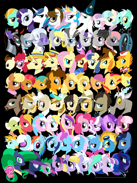 Size: 960x1280 | Tagged: safe, artist:amy mebberson, derpibooru import, aloe, amber waves, amethyst star, apple bloom, applejack, babs seed, big macintosh, bon bon, braeburn, carrot cake, cheerilee, cheese sandwich, cloudchaser, coco pommel, cup cake, daring do, derpy hooves, diamond tiara, discord, doctor whooves, flam, flash sentry, flim, flitter, fluttershy, granny smith, hayseed turnip truck, hoity toity, holly dash, jeff letrotski, jesús pezuña, king sombra, lightning dust, lotus blossom, lyra heartstrings, mane-iac, mare do well, mayor mare, minuette, ms. harshwhinny, night light, nurse sweetheart, octavia melody, photo finish, pinkie pie, pound cake, prim hemline, princess cadance, princess celestia, princess luna, pumpkin cake, queen chrysalis, rainbow dash, rarity, raven, scootaloo, shining armor, silver spoon, snails, snips, spike, spitfire, star swirl the bearded, sunset shimmer, sweetie belle, sweetie drops, time turner, trixie, twilight sparkle, twilight velvet, twist, wild fire, zecora, alicorn, changeling, changeling queen, crystal pony, draconequus, earth pony, pegasus, pony, unicorn, zebra, everypony, female, my little pony logo, so much pony