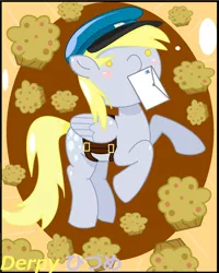 Size: 1120x1400 | Tagged: safe, artist:misterderpy, derpibooru import, derpy hooves, pegasus, pony, female, hat, letter, mailbag, mare, mouth hold, muffin, solo