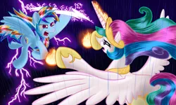 Size: 1500x900 | Tagged: safe, artist:nuclearsuplexattack, derpibooru import, princess celestia, rainbow dash, alicorn, pegasus, pony, cronus, crown, duo, fight, fire, flying, greek mythology, hoof shoes, jewelry, lightning, magic, regalia, spread wings, wings, zeus