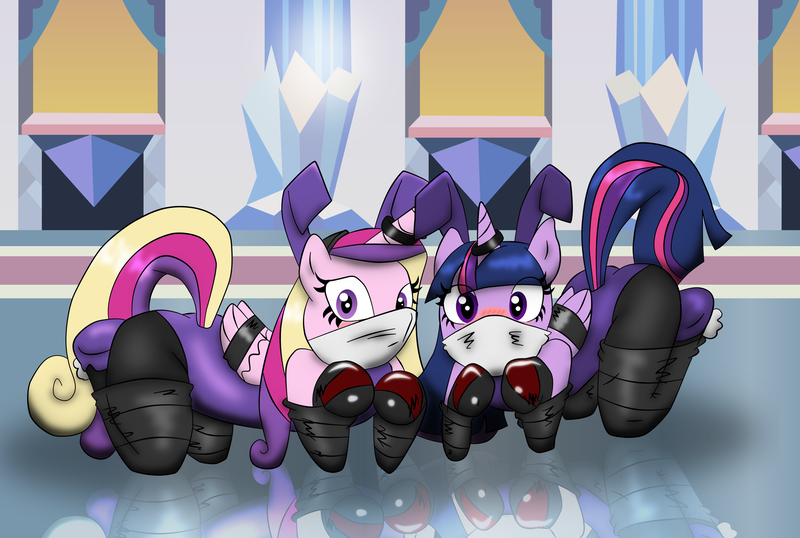 Size: 3365x2261 | Tagged: questionable, artist:ponyguy67, artist:reimon-master-ii, derpibooru import, princess cadance, twilight sparkle, twilight sparkle (alicorn), anthro, unguligrade anthro, all fours, bdsm, bitchsuit, blushing, bondage, bondage mitts, bound wings, bunny ears, bunny suit, clothes, cloth gag, female, females only, gag, horn ring, image, knee tied, leotard, magic suppression, pantyhose, pet play, pettwi, playboy bunny, png, slave, story in the source, underhoof