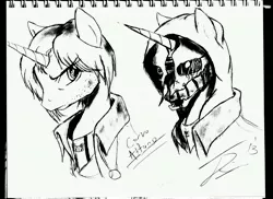 Size: 7020x5100 | Tagged: absurd resolution, artist:lunarguard, corvo attano, derpibooru import, dishonored, mask, monochrome, ponified, safe