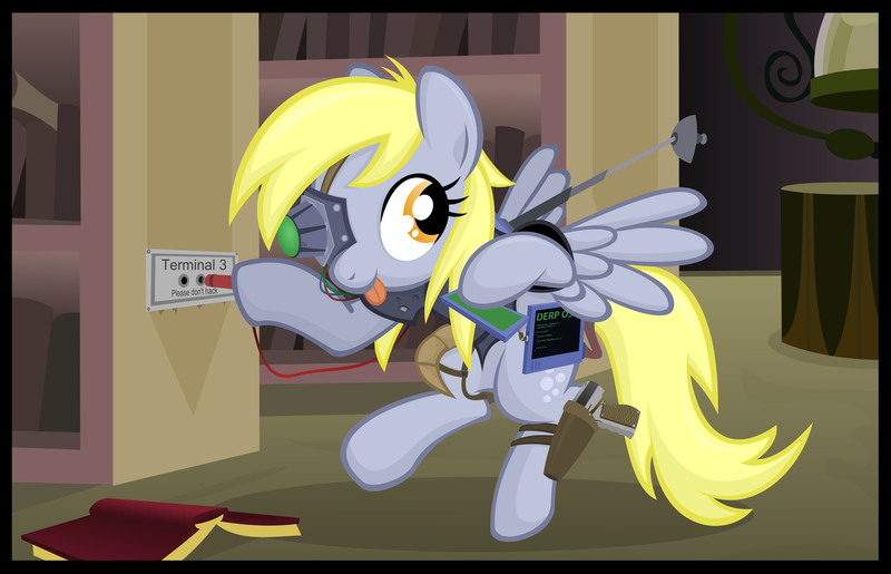 Size: 5991x3854 | Tagged: dead source, safe, artist:jittery-the-dragon, derpibooru import, derpy hooves, cyborg, pegasus, pony, canterlot, canterlot castle, derpigun, female, gun, hacking, mare, pistol, shadowrun, this will end in pain, this will not end well