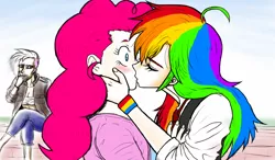 Size: 1024x600 | Tagged: safe, artist:asdf314159265, derpibooru import, gilda, pinkie pie, rainbow dash, human, cigarette, female, humanized, kissing, lesbian, pinkiedash, shipping, smoking