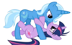 Size: 1509x950 | Tagged: artist:mrbrandonmac, bedroom eyes, boop, derpibooru import, edit, eye contact, female, frown, grin, lesbian, noseboop, nose wrinkle, on back, shipping, simple background, smiling, smirk, standing, suggestive, transparent background, trixie, twilight sparkle, twixie, vector