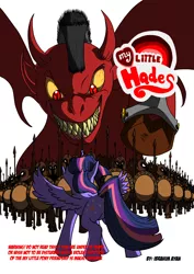 Size: 1240x1754 | Tagged: safe, artist:dark-rivals, derpibooru import, twilight sparkle, twilight sparkle (alicorn), oc, alicorn, demon, demon pony, original species, pony, army, bloodshot eyes, bracelet, cliche, cloven hooves, comic, cover, cuffs, demon wings, female, glare, glowing eyes, grin, helmet, looking up, mare, mohawk, my little hades, perspective, plot, raised hoof, sharp teeth, shield, simple background, slit eyes, smiling, smirk, spear, spread wings, underhoof, weapon, white background, wide eyes, wings, yellow sclera