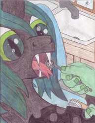 Size: 5102x6599 | Tagged: absurd resolution, artist:bluepianta, dentist, derpibooru import, fangs, oc, oc:anon, open mouth, queen chrysalis, safe, toothbrush, traditional art