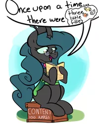 Size: 1200x1500 | Tagged: apple, artist:rustydooks, book, crate, dialogue, glasses, open mouth, queen chrysalis, reading, reversalis, safe, sitting, smiling, solo, storytelling