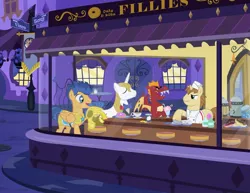 Size: 1024x791 | Tagged: source needed, useless source url, safe, artist:pixelkitties, derpibooru import, donut joe, flash sentry, garble, prince blueblood, dragon, pegasus, pony, unicorn, bar, fine art parody, nighthawks, pixelkitties' brilliant autograph media artwork, vincent tong, voice actor