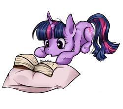 Size: 1024x906 | Tagged: artist:moenkin, book, derpibooru import, pillow, reading, safe, simple background, solo, transparent background, twilight sparkle