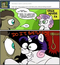Size: 1024x1106 | Tagged: semi-grimdark, artist:catfood-mcfly, derpibooru import, sweetie belle, oc, oc:theotakux, pony, 2 panel comic, cis, comic, edgy, explicit source, fury belle, implied hanging, implied suicide, male, muscles, noose, parody, social justice, social justice warrior, stallion, sweetie barbell, vulgar