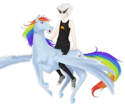 Size: 1000x885 | Tagged: safe, artist:aneogyps, derpibooru import, rainbow dash, human, pegasus, pony, clothes, dirk strider, duo, female, hoers, homestuck, humans riding ponies, male, mare, realistic horse legs, riding, spread wings, sunglasses, tanktop, teenager, wings