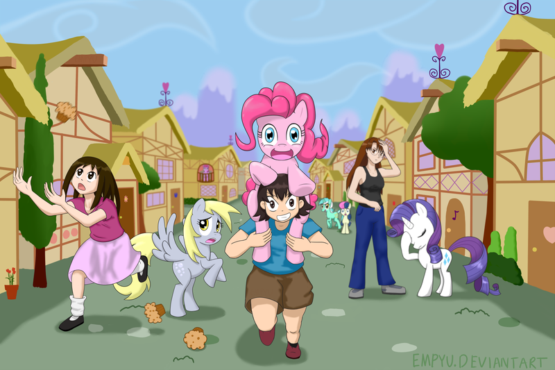 Size: 1500x1000 | Tagged: safe, artist:empyu, derpibooru import, bon bon, derpy hooves, lyra heartstrings, pinkie pie, rarity, sweetie drops, earth pony, human, pegasus, pony, unicorn, azumanga daioh, clothes, crossover, food, kasuga ayumu, mary janes, mizuhara koyomi, muffin, osaka, piggyback ride, ponies riding humans, riding, shorts, skirt, socks, takino tomo