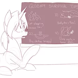 Size: 700x700 | Tagged: artist:goat train, bellyrubs, boop, chalkboard, checklist, derpibooru import, monochrome, oc, oc:gloomy, open mouth, pointing, prone, safe, sketch, sleeping, solo, unofficial characters only