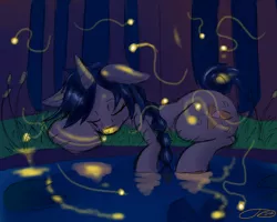 Size: 1280x1024 | Tagged: safe, artist:digitaldomain123, derpibooru import, oc, oc:alyckblur, unofficial characters only, pony, unicorn, digital art, female, forest, mare, night, sleeping, solo, water