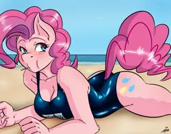 Size: 1900x1493 | Tagged: anthro, artist:the-unicorn-lord, beach, breasts, cleavage, clothes, derpibooru import, female, one-piece swimsuit, pinkie pie, school swimsuit, solo, solo female, suggestive, sukumizu, swimsuit