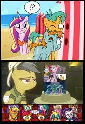 Size: 713x1034 | Tagged: a canterlot wedding, accepted meme that never ends, apple bloom, applejack, applejack is not amused, audience reaction, babs seed, bad treasure, beach, bridesmaid, clothes, daring do, edit, edited screencap, exploitable meme, fluttershy, idw, meme, memeception, one-piece swimsuit, princess cadance, rarity, read it and weep, safe, screencap, snails, snips, snips and snails spying meme, swimsuit, the meme that never ends, voyeur