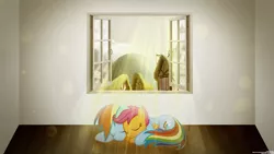 Size: 1920x1080 | Tagged: safe, artist:cr4zyppl, artist:stinkehund, derpibooru import, rainbow dash, scootaloo, pegasus, pony, lens flare, ponyville, room, scootalove, sleeping, vector, wallpaper