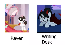 Size: 1000x700 | Tagged: safe, derpibooru import, edit, edited screencap, screencap, raven, writing desk, earth pony, pony, unicorn, devil horns, glasses, levitation, magic, naming, pun, telekinesis