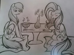 Size: 600x450 | Tagged: safe, artist:zigragirl, derpibooru import, fluttershy, oc, oc:nightsky, pegasus, pony, blushing, bowl, chopsticks, eating, female, fork, happy, irc, male, mare, monochrome, nom, noodles, pencil drawing, simple background, smiling, stallion, table, traditional art, vase