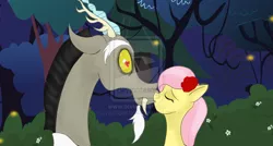 Size: 1024x549 | Tagged: safe, artist:wolfspirit1292, derpibooru import, discord, fluttershy, fanfic:bride of discord, discoshy, female, kissing, male, shipping, straight, watermark